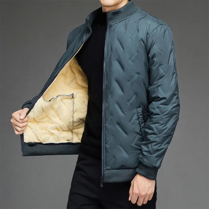 Men's fleece-lined stand collar cotton-padded coat in khaki, polyester fill, cold weather wear