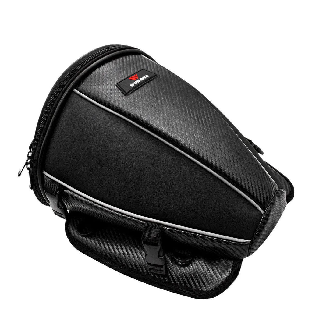 Black motorcycle seat bag with reflective lines and adjustable hooks for fuel tank or rear seat mounting