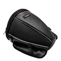 Black motorcycle seat bag with reflective lines and adjustable hooks for fuel tank or rear seat mounting