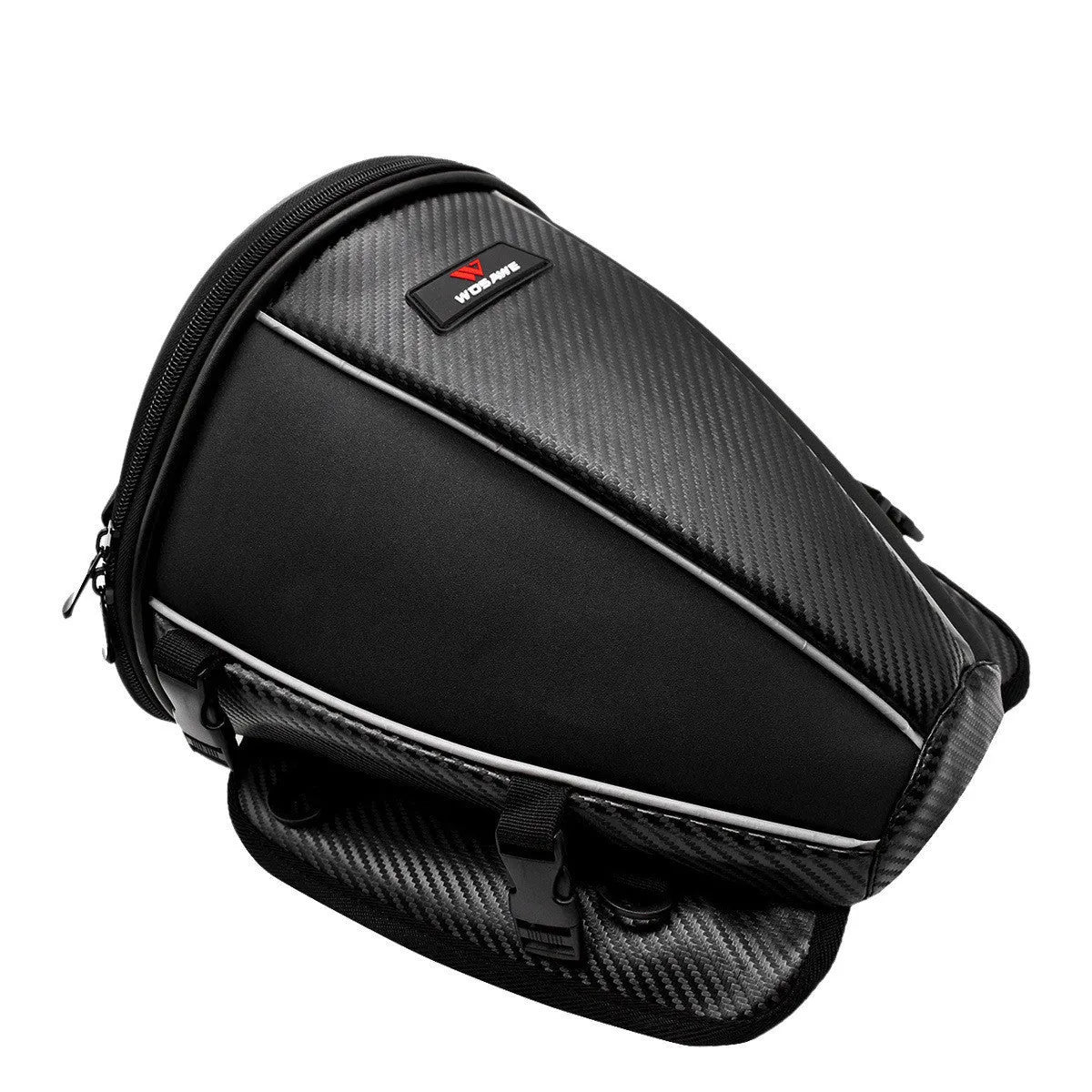 Black motorcycle seat bag with reflective lines and adjustable hooks for fuel tank or rear seat mounting