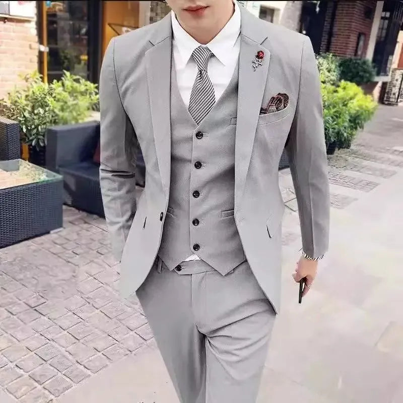 Men's Korean slim fit three-piece business suit set in black colour with tie
