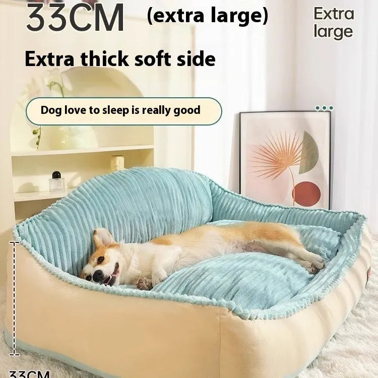 Morandi coloured washable pet bed mat with kennel structure for dogs and cats on a sofa.
