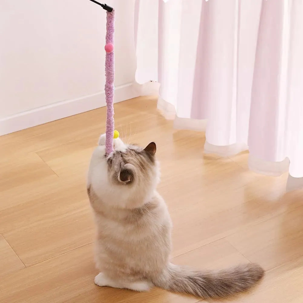 Interactive cat toy wand with colourful plush strip and bell attachment for indoor cat play