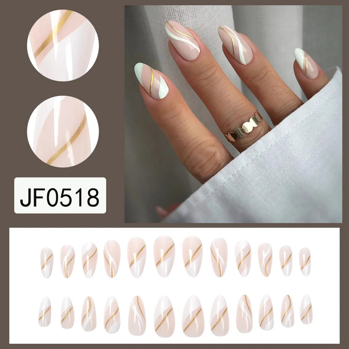 Golden Lines plaid pattern nail stickers in JF0518 colour, medium drop shape on plastic sheet.