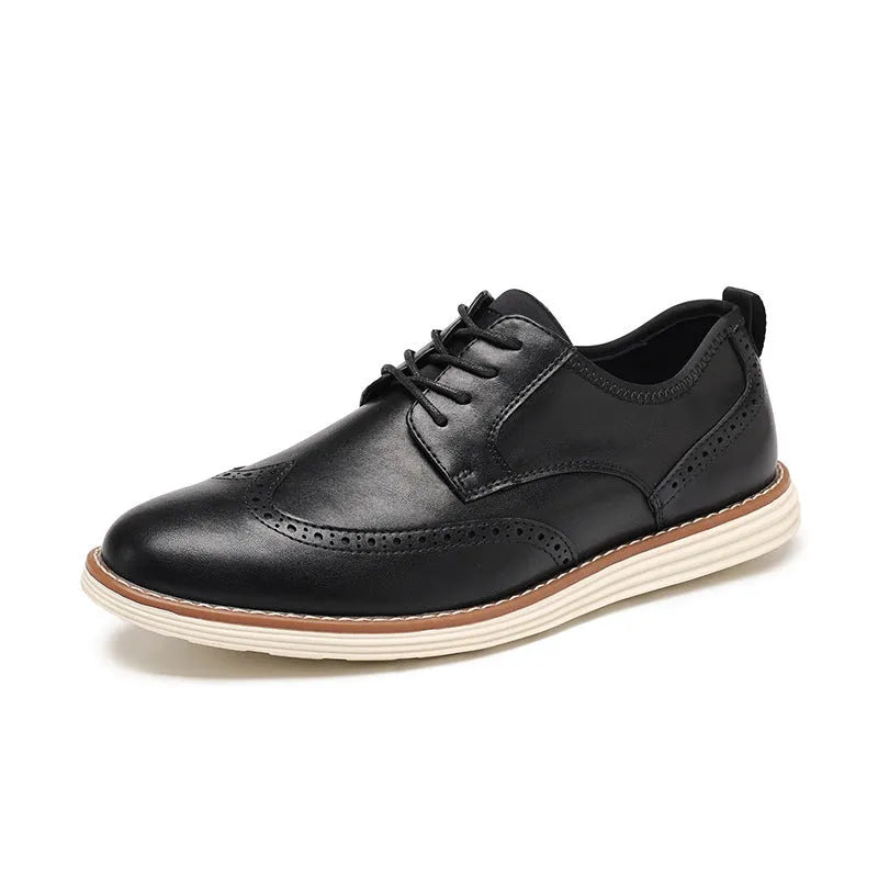 Men's black and brown slip-on casual shoes with a round toe and low-top PU upper.