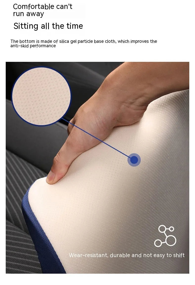 Black thick car seat cushion measuring 42cm by 39cm by 6cm for height and posture support.