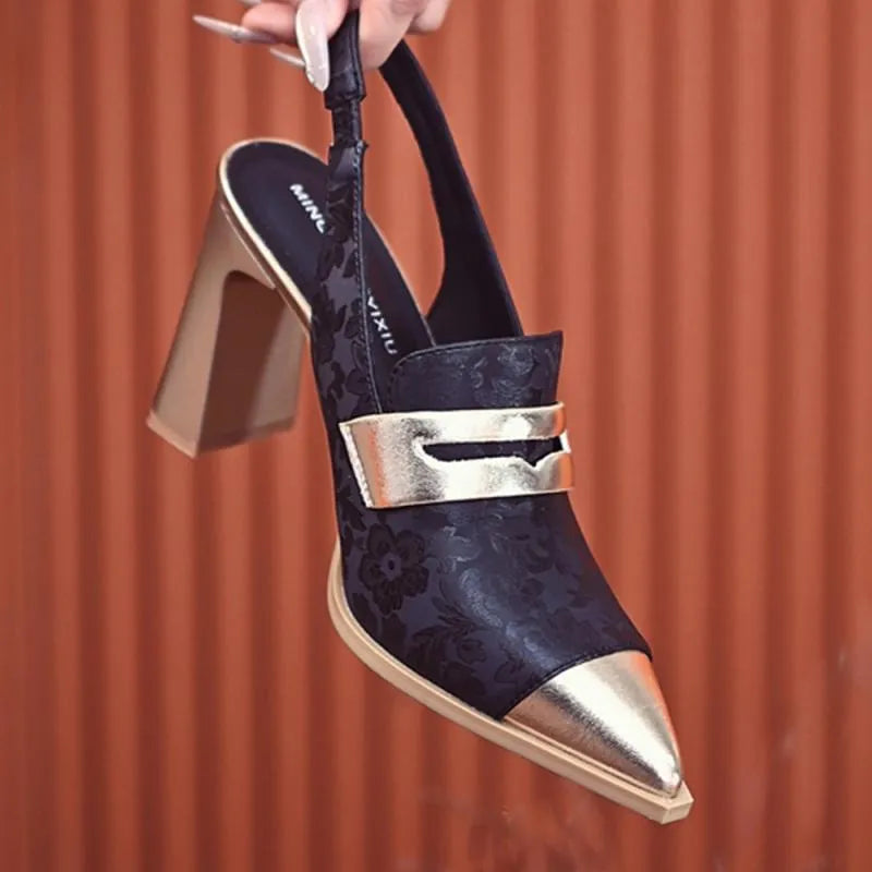 Women's black Korean-style strap sandals with a chunky heel, pointed toe, and elastic band.