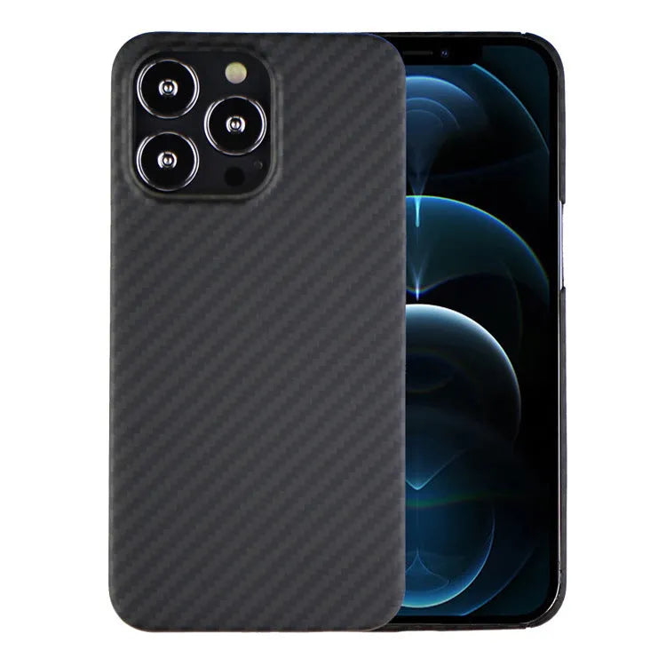 Dull black Kevlar fibre back cover case for Apple iPhone with MagSafe ring visible.