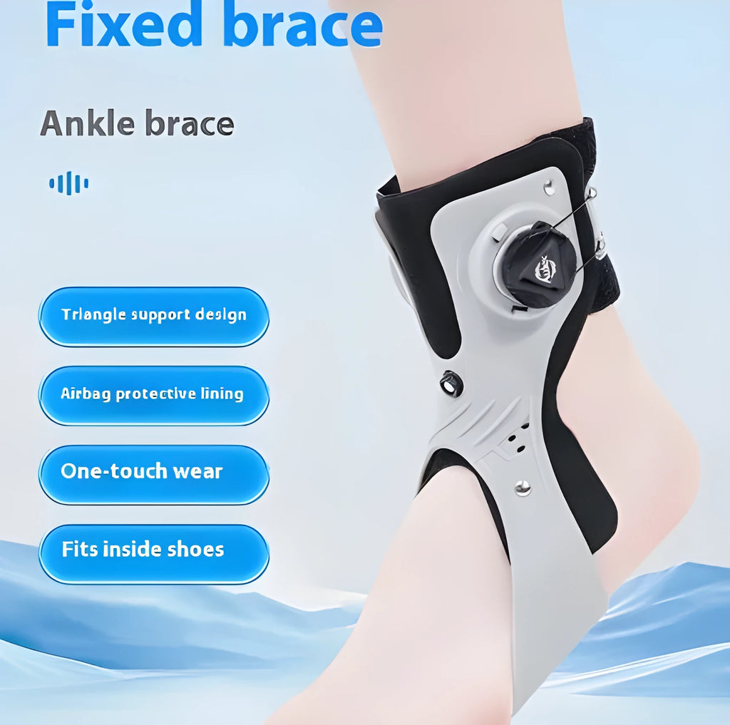 Grey ankle brace with airbag button support mechanism for ankle fixation and protection