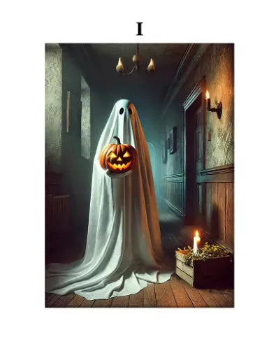 Frameless canvas painting of a ghost tea party with pumpkins Halloween decor