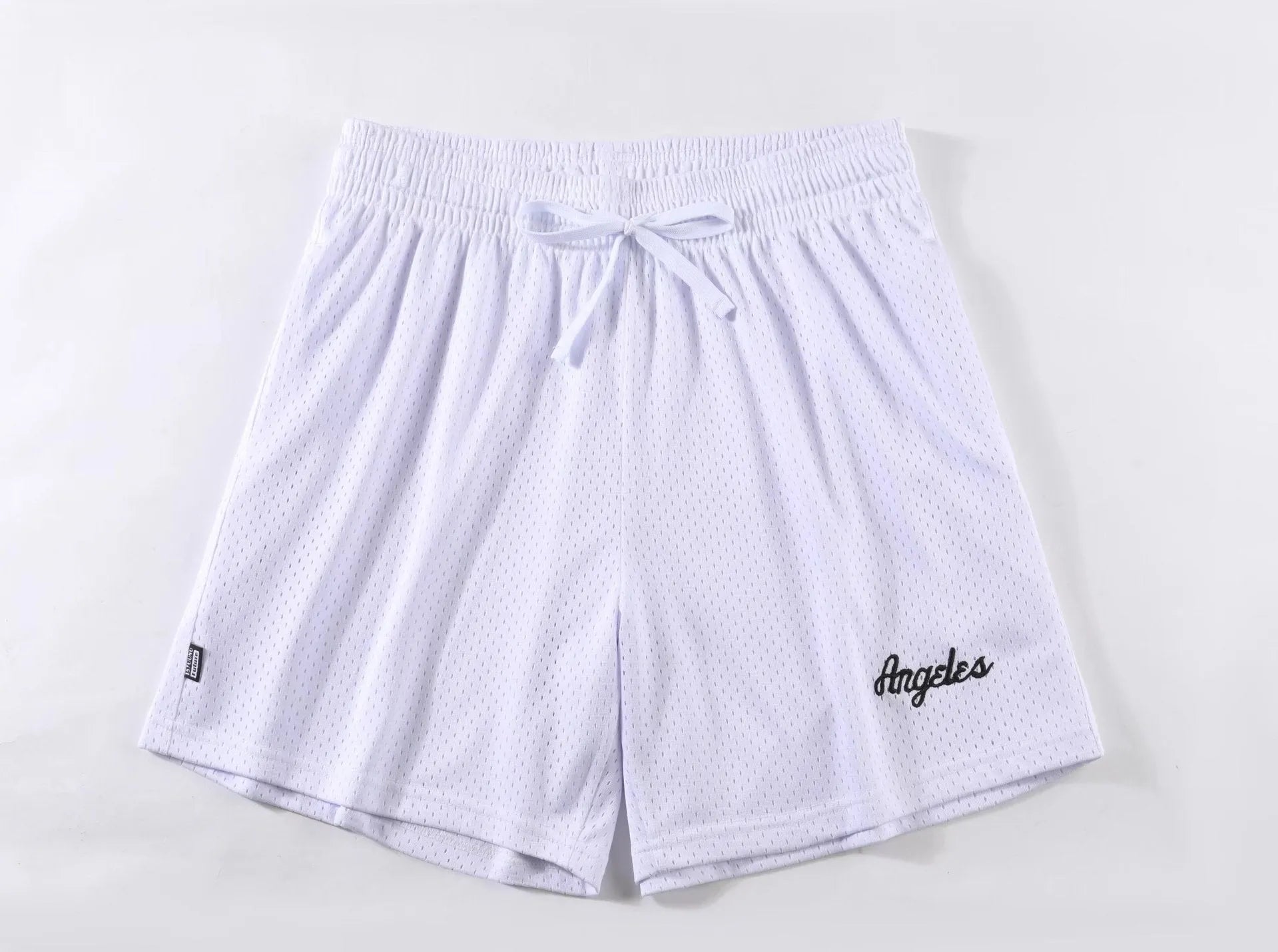 Men's black double-layer mesh sport shorts made from polyester fabric.