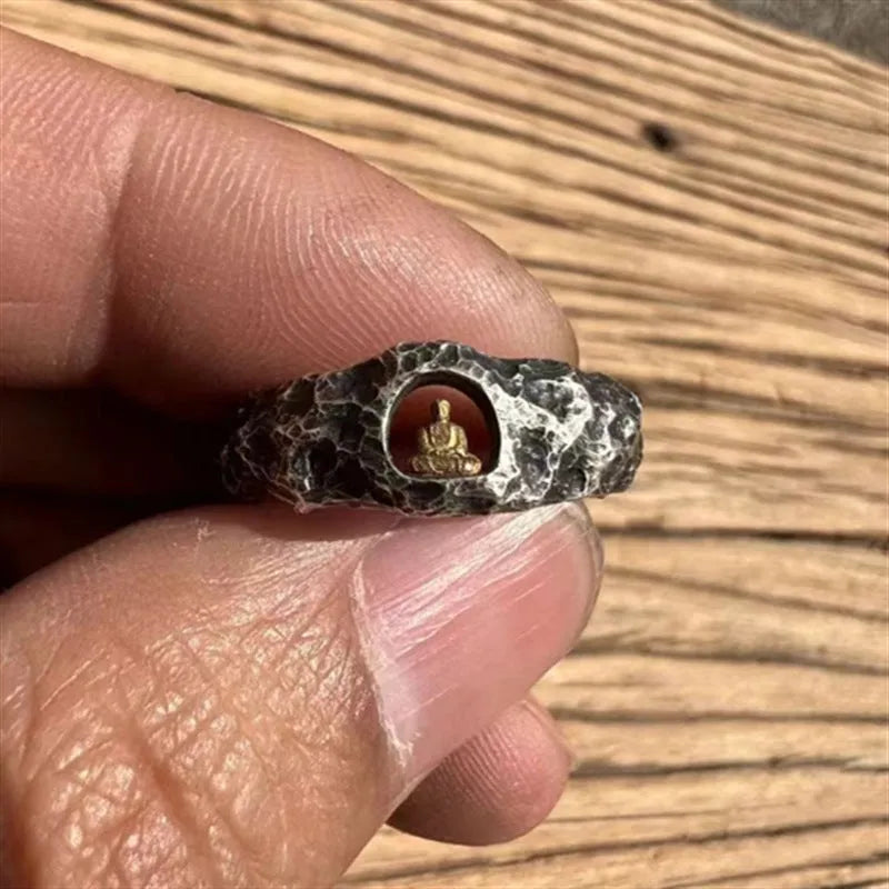 Hand-forged copper grotto Buddha ring with a rock texture finish, shown in size 8.