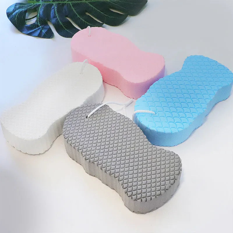 3D fish scale pattern bath sponge exfoliator in multiple colour options including white, grey, pink and light blue