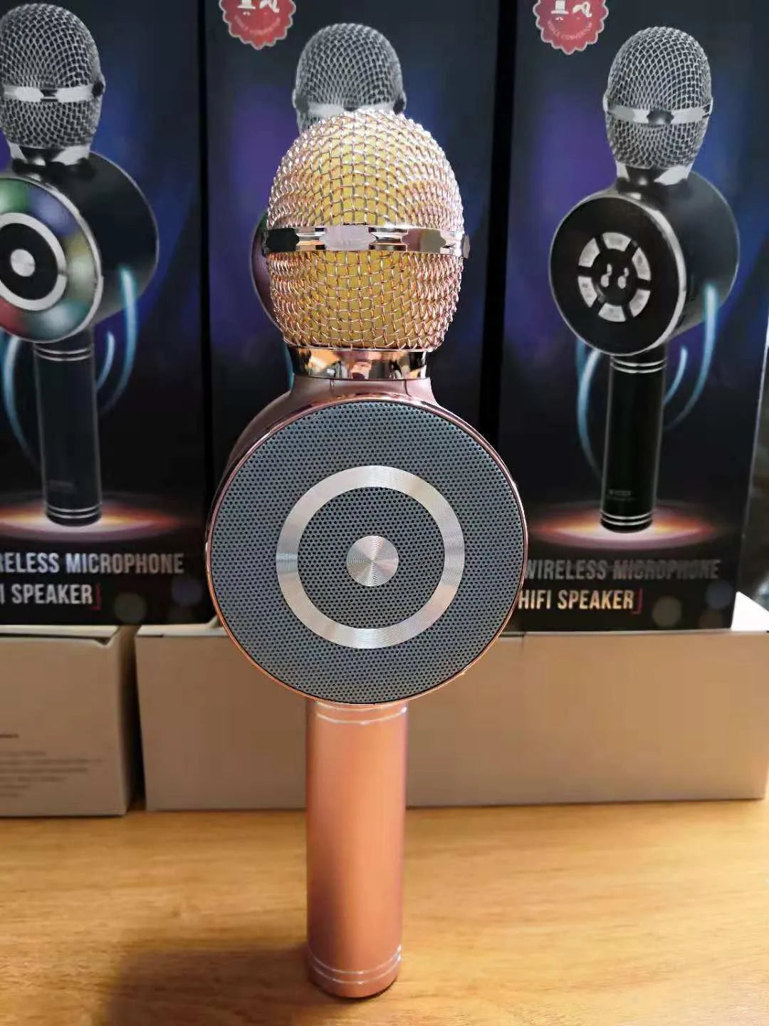 K Song wireless Bluetooth microphone integrated KTV audio in black, gold, and rose gold with USB charging cable