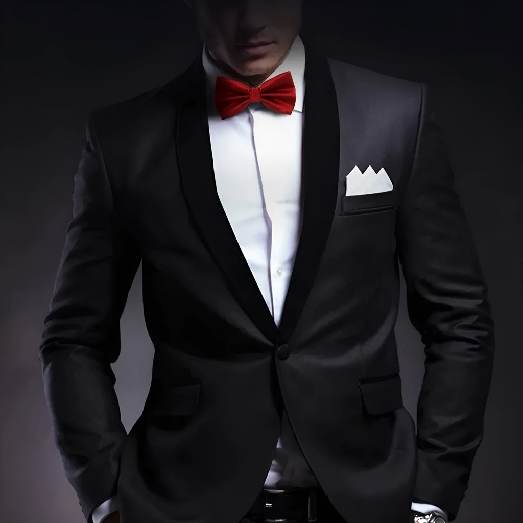 Men's solid colour flat head polyester bow tie on white background