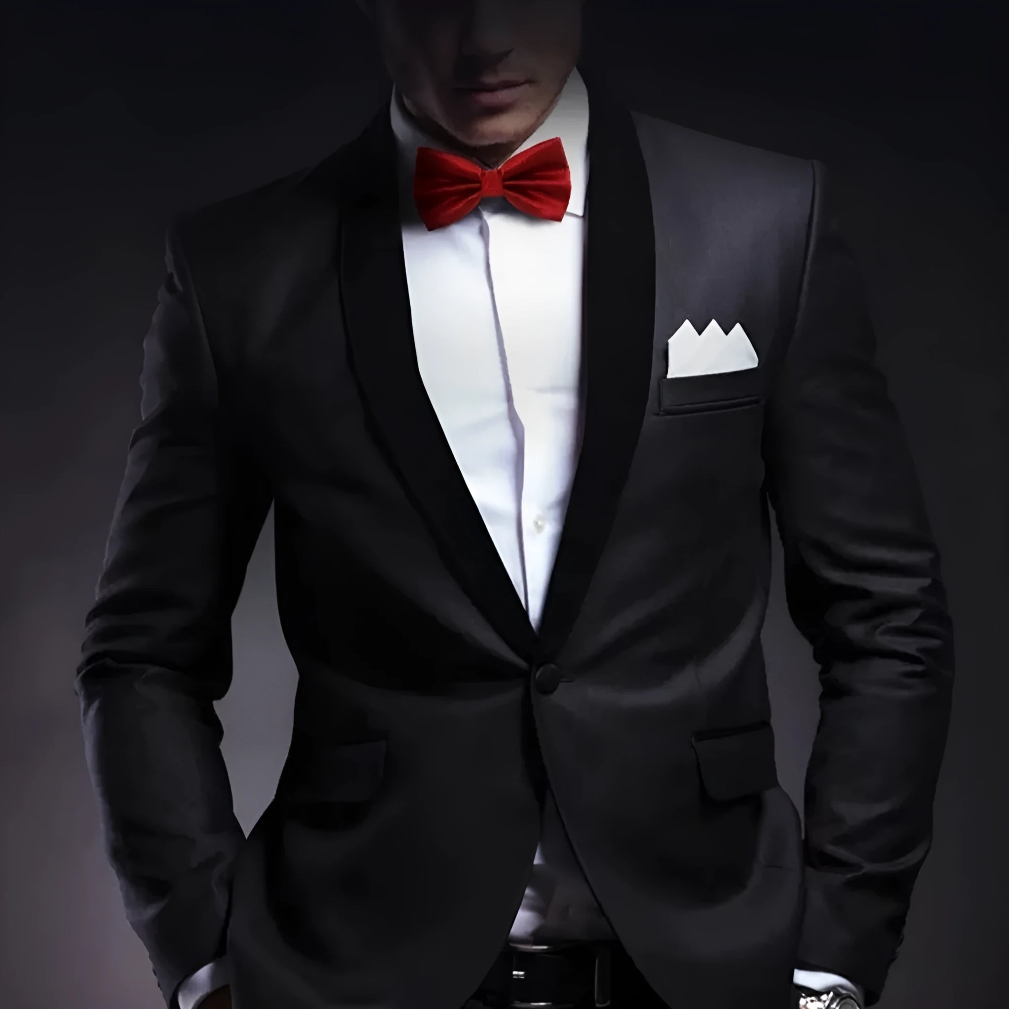 Men's solid colour flat head polyester bow tie on white background