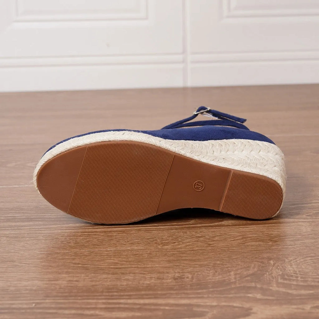 Dark blue suede straw woven wedge closed toe high heels with buckle and TPR sole, size 37