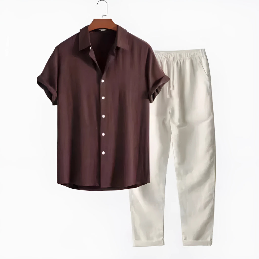 Men's casual short sleeve shirt and trousers set in polyester linen fabric with loose fit