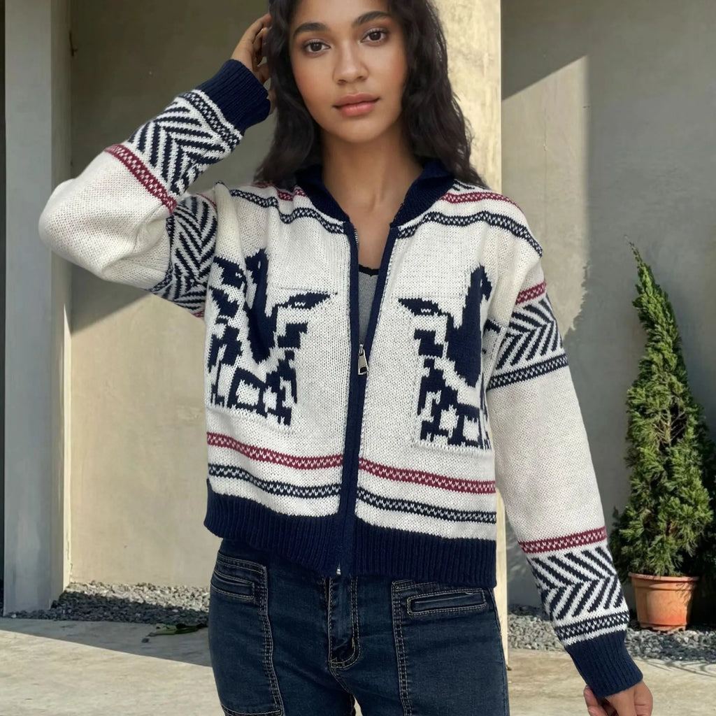 White women's zip cardigan with jacquard lapel and contrast stripe pattern