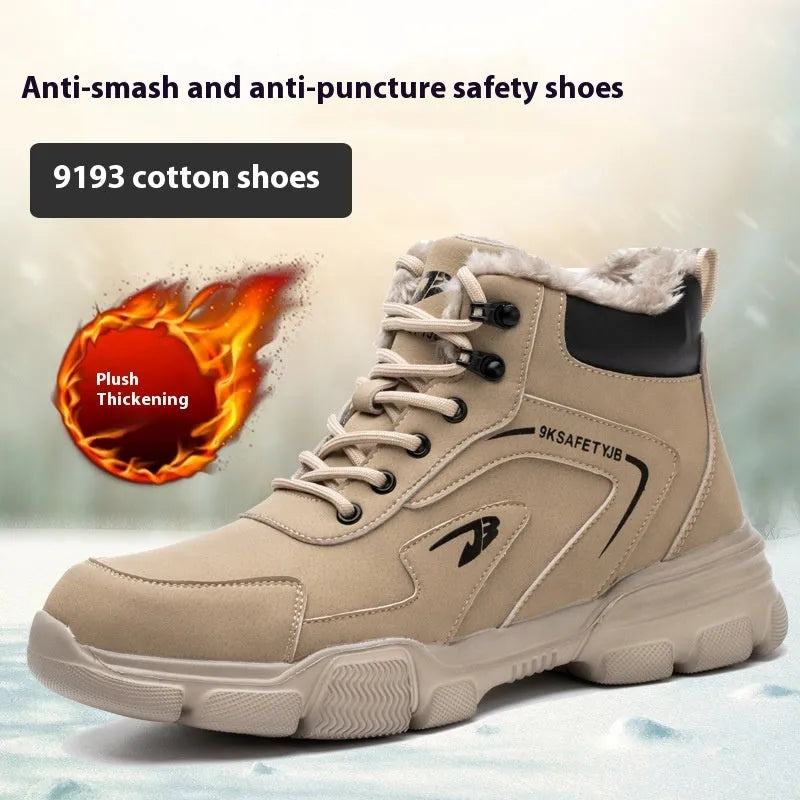 Brown leather labour protection safety shoes with a rubber sole, shown on a work site background.