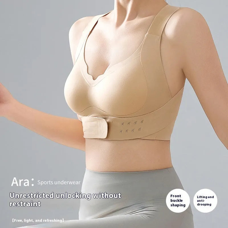 Front buckle closure sports bra for women in black, white and nude colours with back shaping design.