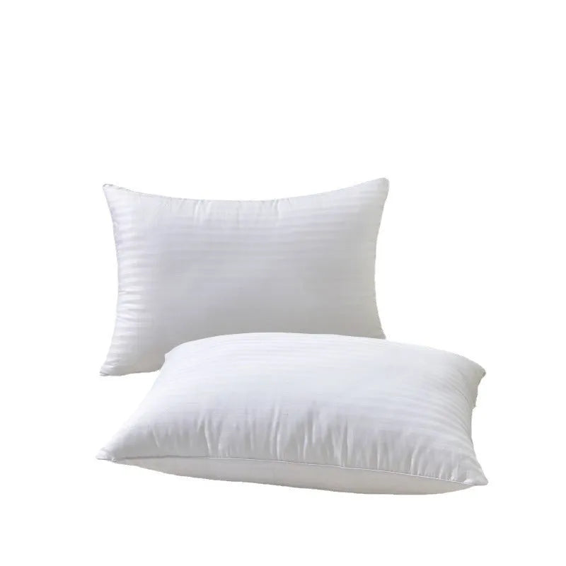 White cotton satin stripe pillow with feather cotton core showing size and loft options