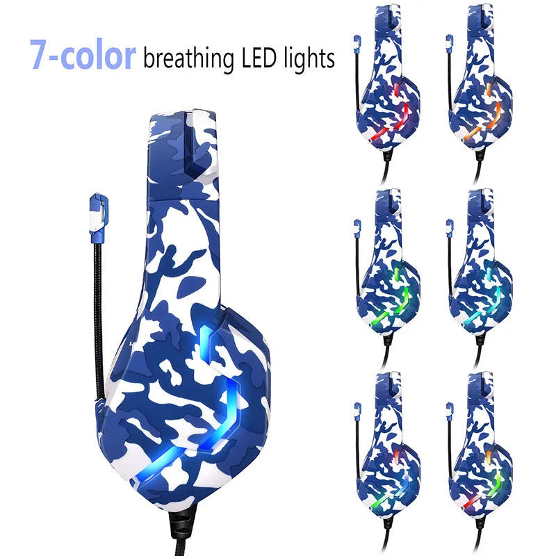 Wired gaming headset in camouflage blue or white with cloth earmuffs and braided cable