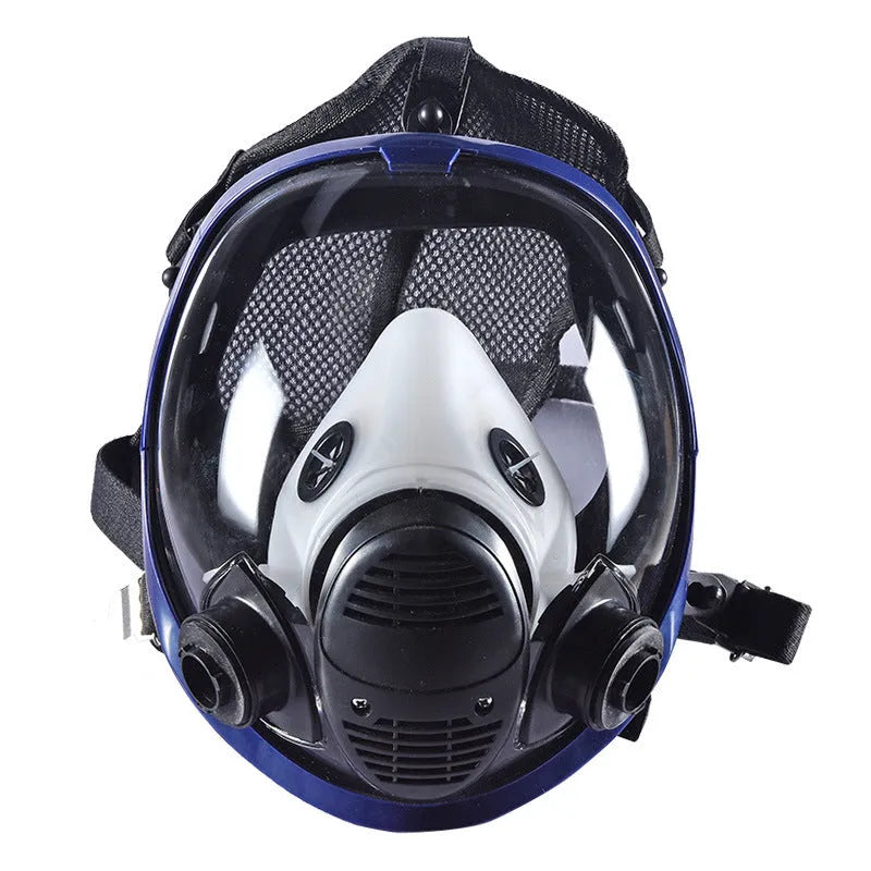 Blue edge spherical full gas mask with trapezoidal canister design and silicone construction