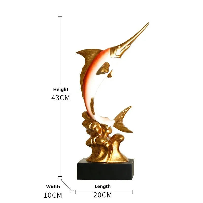 European-style resin swordfish decorative ornament in a choice of four colours on a shelf.
