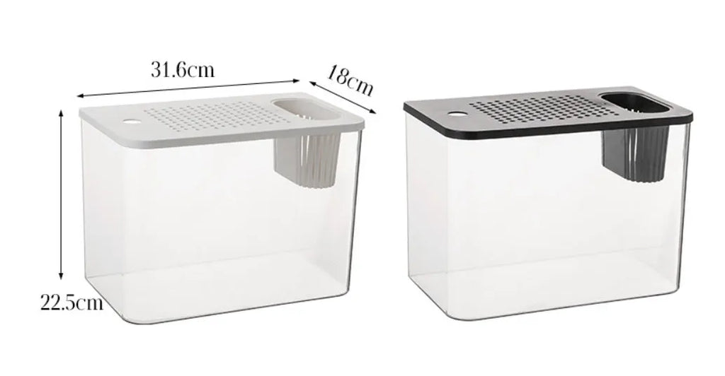 Compact black ecological Betta fish tank with integrated filtration and a fitted plastic cover on a wooden surface.