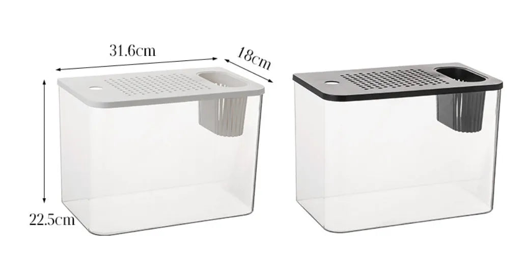 Compact black ecological Betta fish tank with integrated filtration and a fitted plastic cover on a wooden surface.