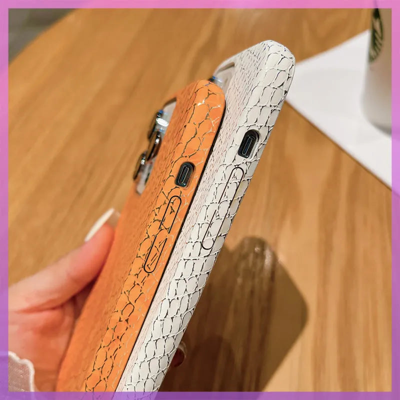 Gold silk snake pattern half pack anti-fall phone case for iPhone with plaid design, slim profile, orange colour