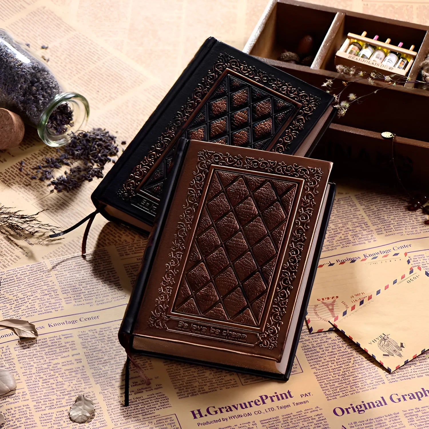 Embossed faux leather notebook with textured three-dimensional cover in bronze colour option