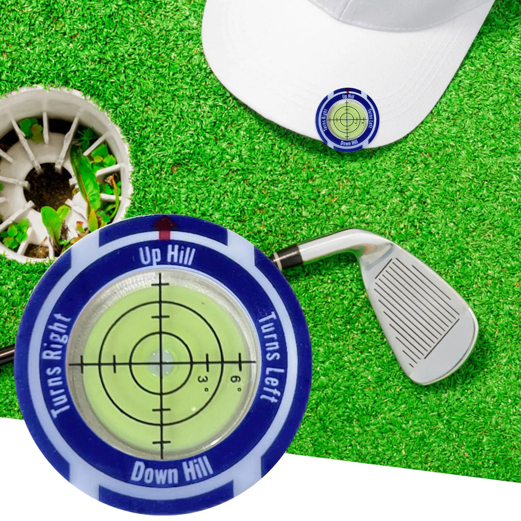 Golf level hat clip measurement tool with green level face and position marks in six colour options