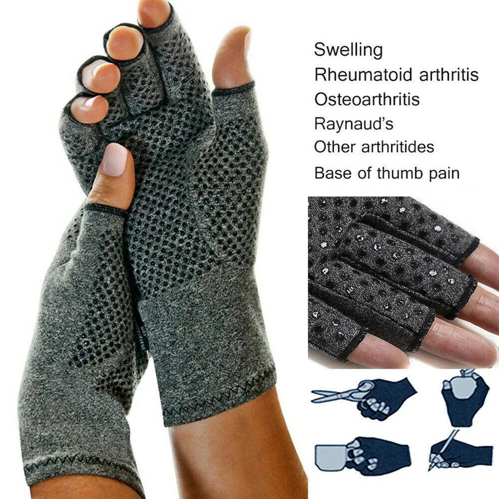 Grey half finger joint compression gloves with an anti-slip palm, shown in a dispensing style.