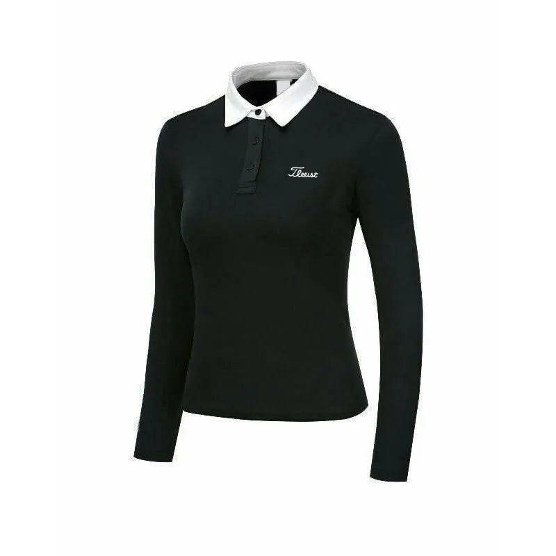 Women's black golf top with long sleeves for sun protection during outdoor activities