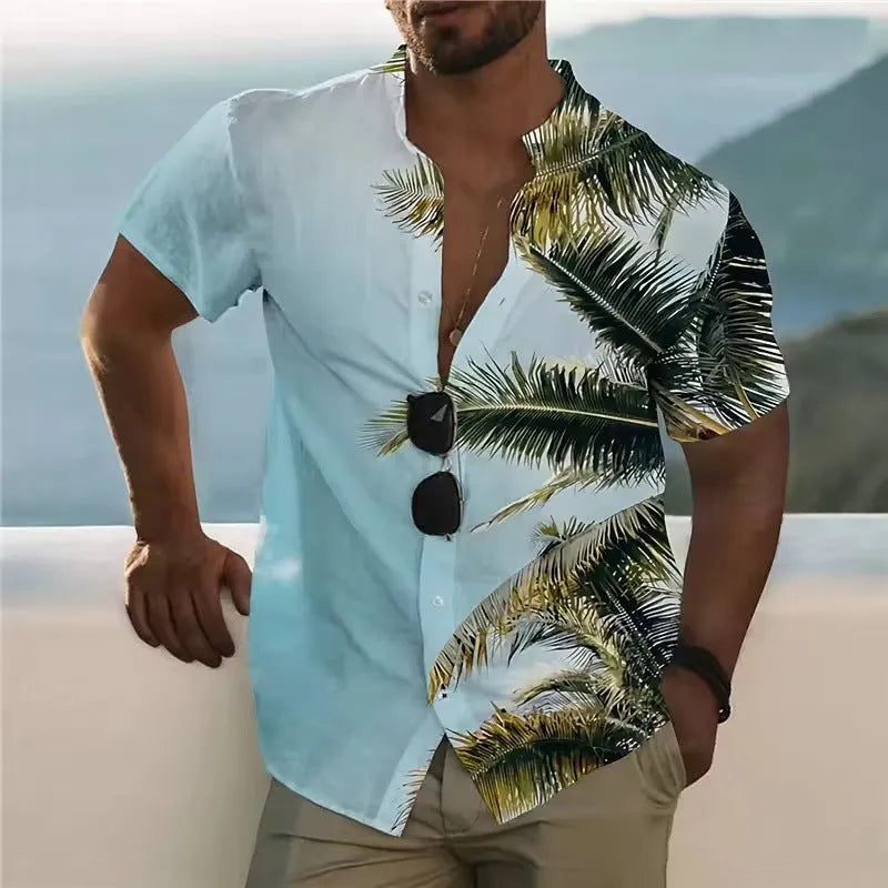 Man wearing a loose-fit short sleeve floral print shirt in a cardigan style
