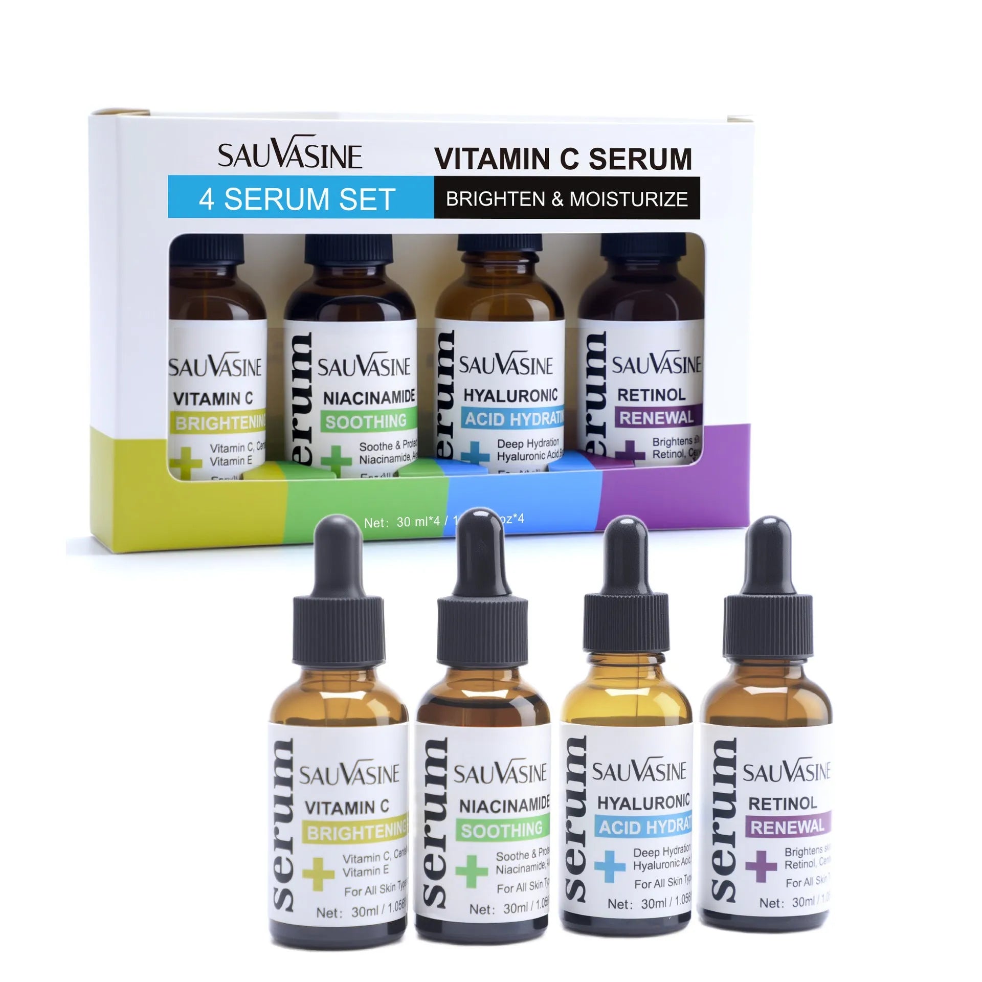 Vitamin C skincare set with four 30ml facial essence bottles for pore care
