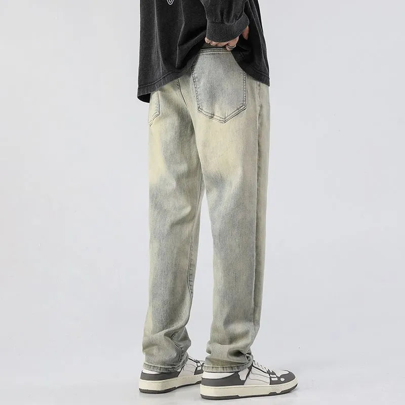 Men's washed distressed slim straight cotton pants in Cement Yellow, tapered leg mid-rise