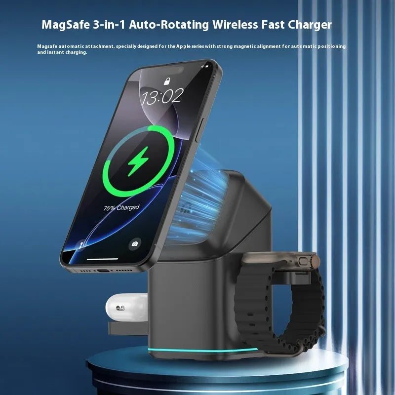 Black rotating magnetic wireless charging stand for mobile phones showing adjustable angle