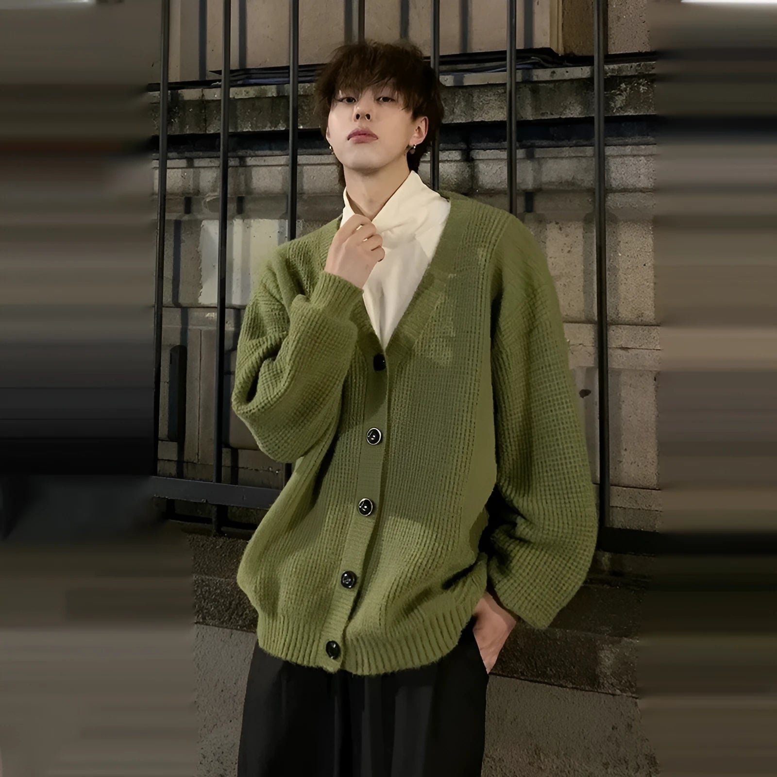 Men's casual V-neck cardigan sweater in army green, loose fit, long sleeve