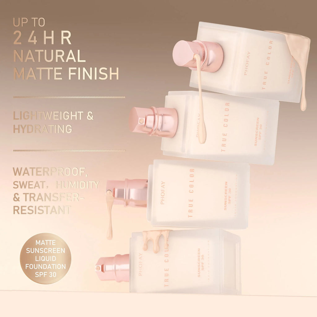 Matte sunscreen liquid foundation SPF 30 bottle in six colour shades 01color through 06color