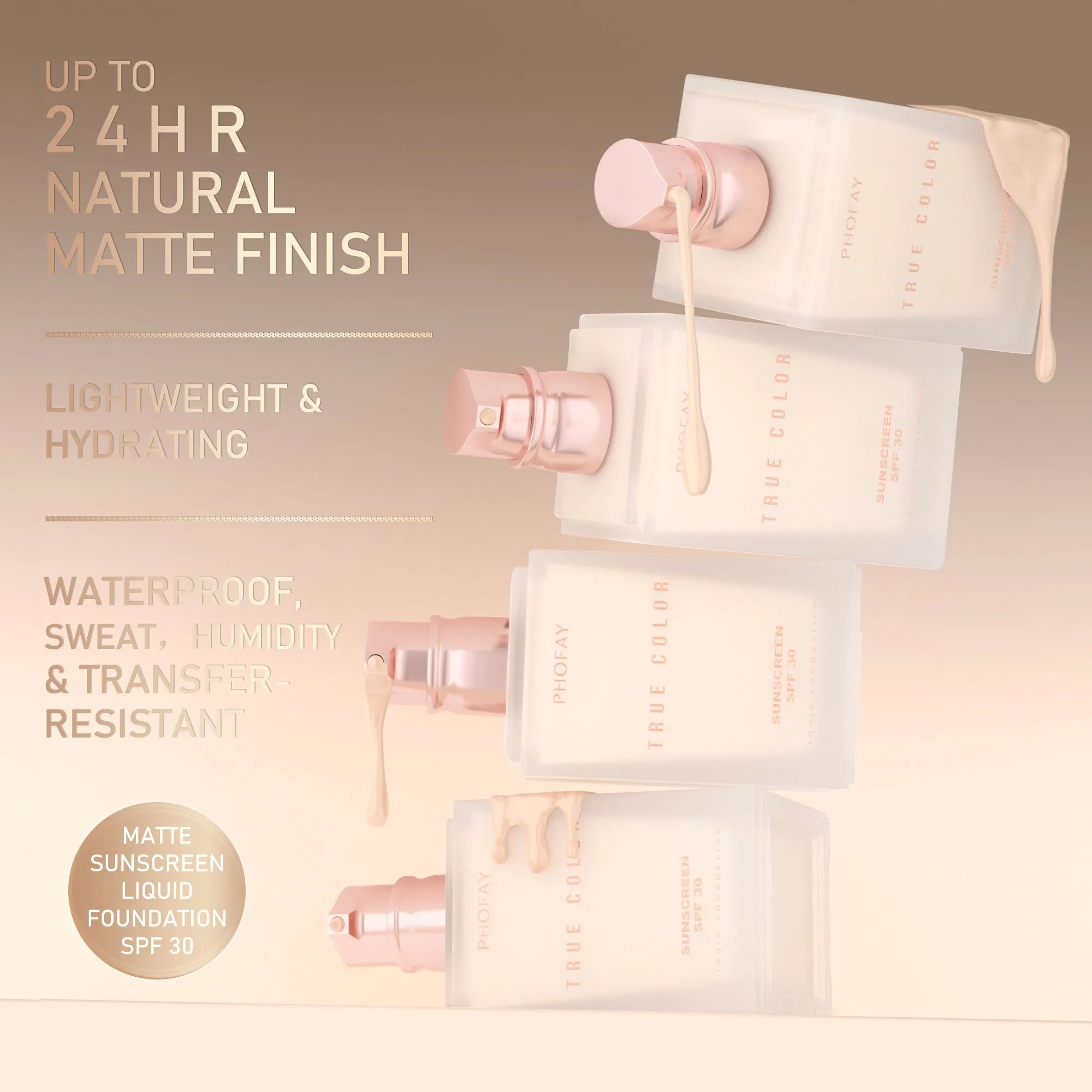 Matte sunscreen liquid foundation SPF 30 bottle in six colour shades 01color through 06color