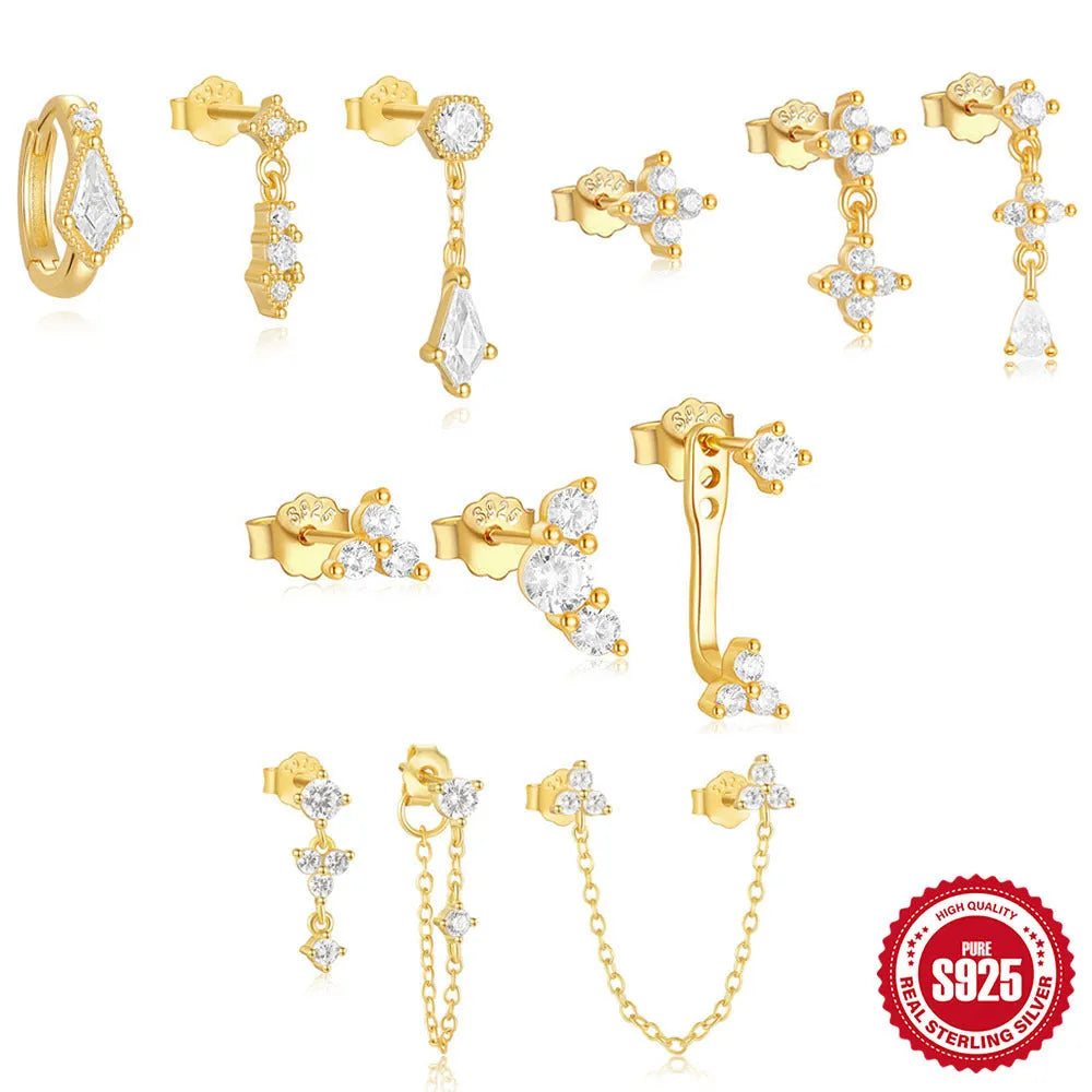 S925 sterling silver geometric zircon tassel earring set with three pairs in gold tone colours