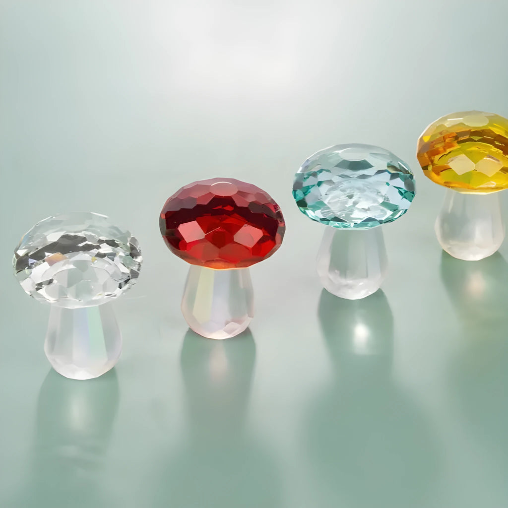 Solid resin crystal mushroom decoration in light green on a wooden surface