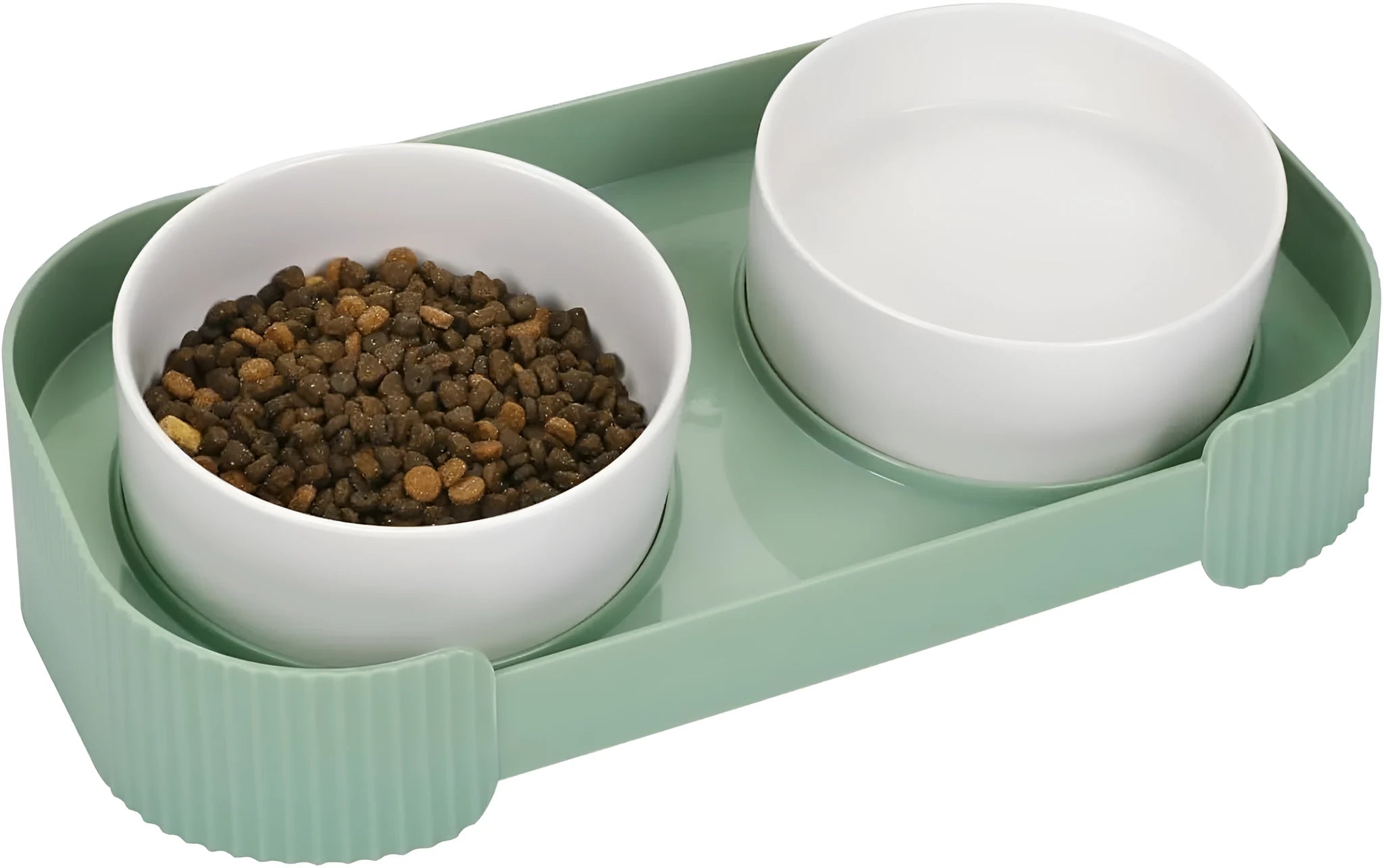 Green ceramic raised cat feeding bowls set with tilted design on a non-slip stand