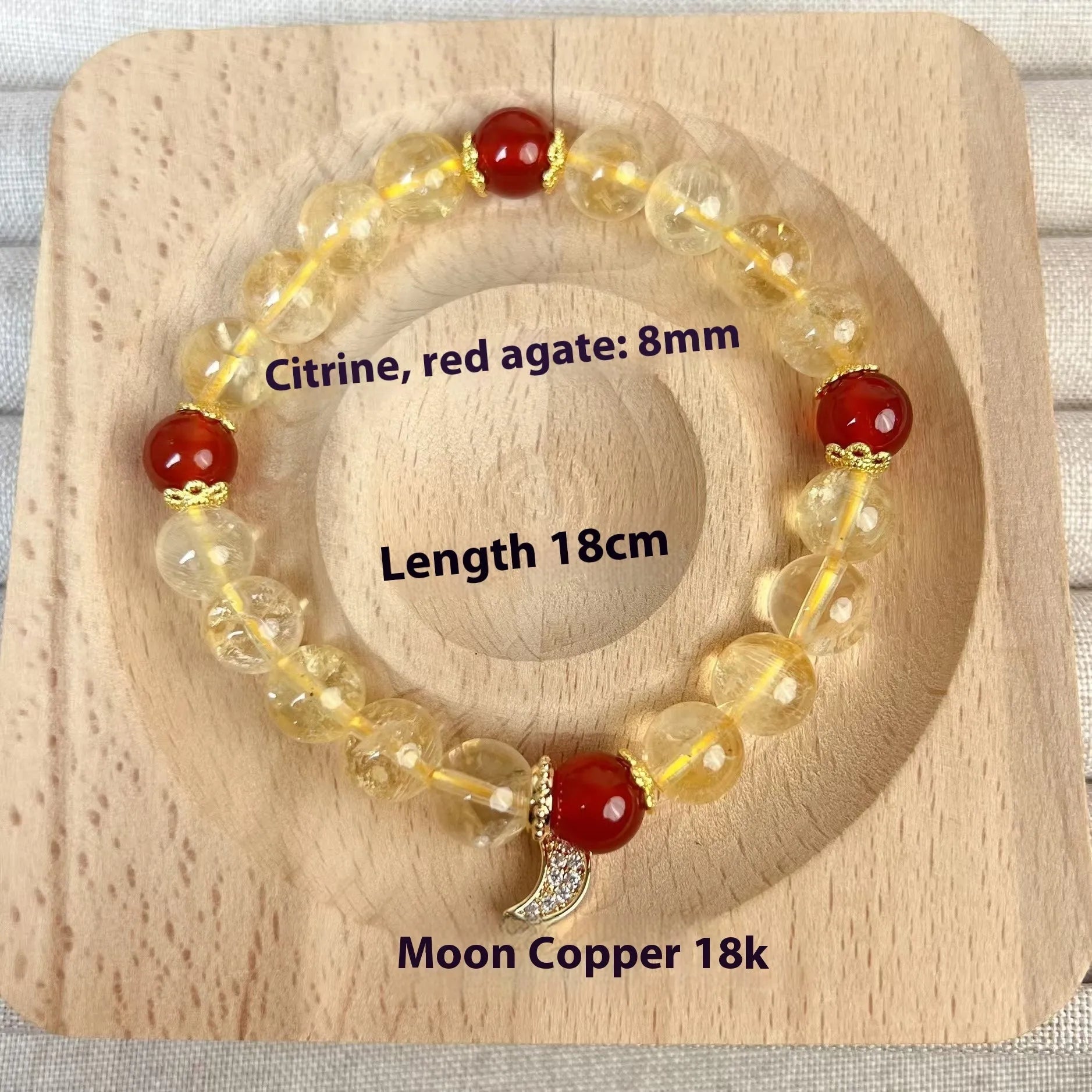 Citrine Red Agate Moon Boom Bracelet showing crystal stones and celestial charms