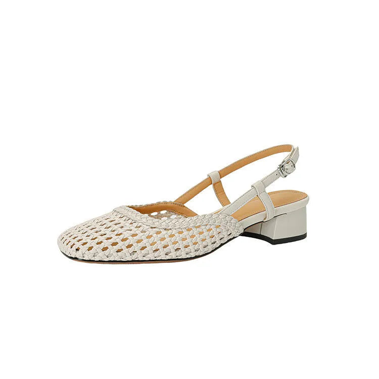 Women's beige woven hollow-out sandals with a square closed toe, chunky heel, and adjustable buckle strap.
