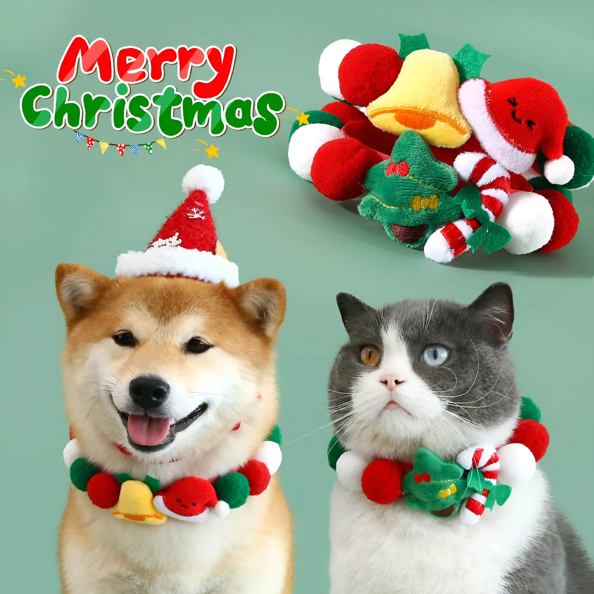 Christmas pet collar with plush ball in bell hat or Christmas tree cane style, sizes S M L