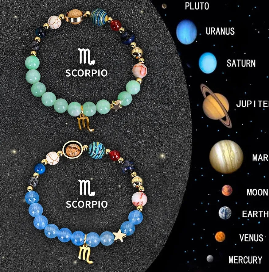 Two beaded bracelets with natural stone and zodiac charm beads on an adjustable cord.